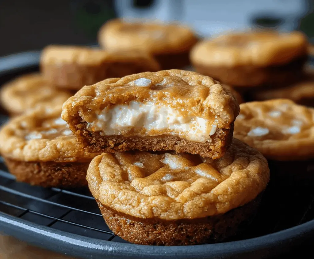 Delicious Sweet Potato Pie Cheesecake Cookies topped with whipped cream and cinnamon, showcasing a flavorful fall dessert with a soft cookie texture and creamy filling.