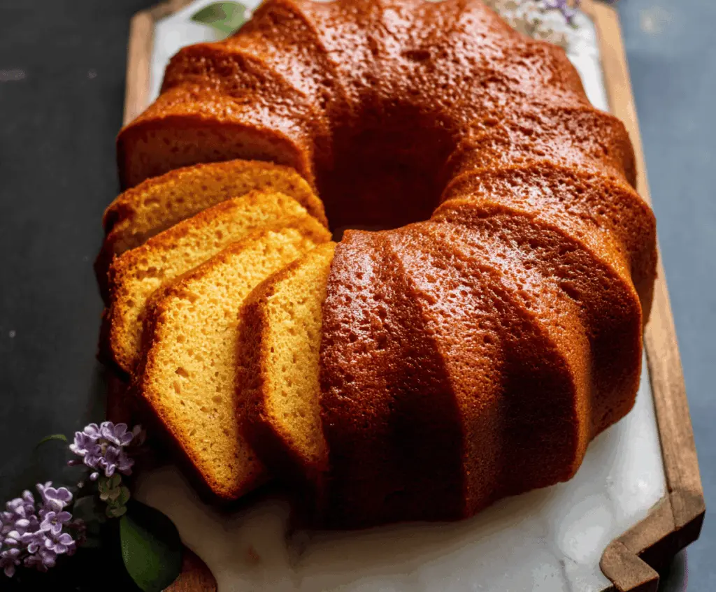 Delicious slice of sweet potato pound cake with a golden crust and moist crumb, perfect for dessert or teatime.