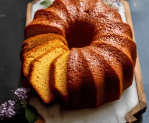 Delicious slice of sweet potato pound cake with a golden crust and moist crumb, perfect for dessert or teatime.