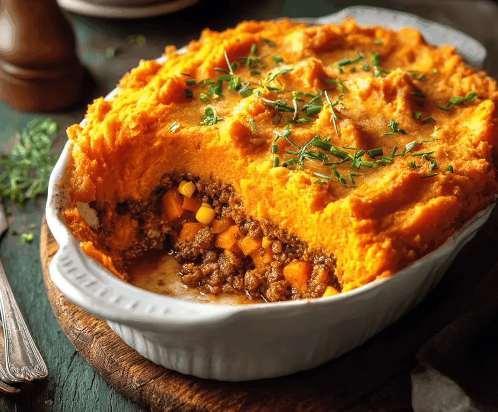 Delicious Sweet Potato Shepherd’s Pie topped with golden mashed sweet potatoes and savory ground meat, served in a rustic casserole dish.