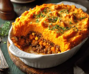 Delicious Sweet Potato Shepherd’s Pie topped with golden mashed sweet potatoes and savory ground meat, served in a rustic casserole dish.