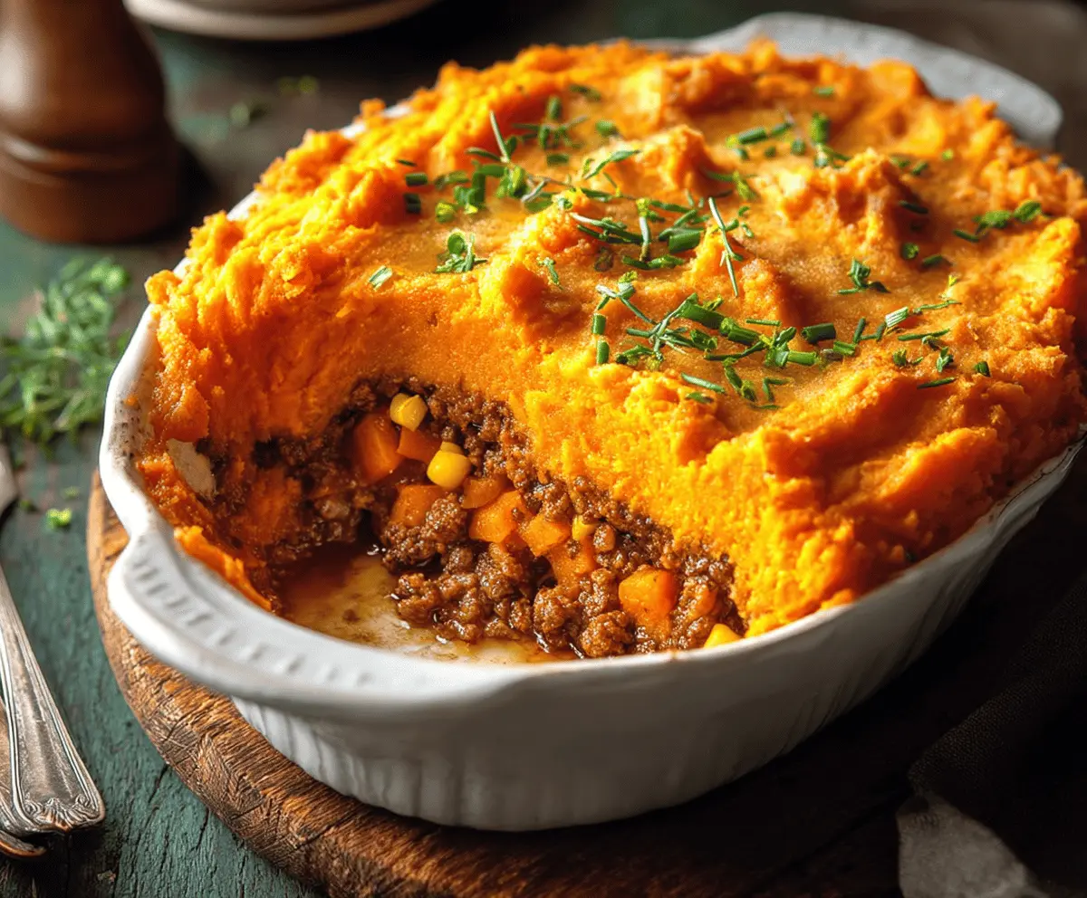Delicious Sweet Potato Shepherd’s Pie topped with golden mashed sweet potatoes and savory ground meat, served in a rustic casserole dish.