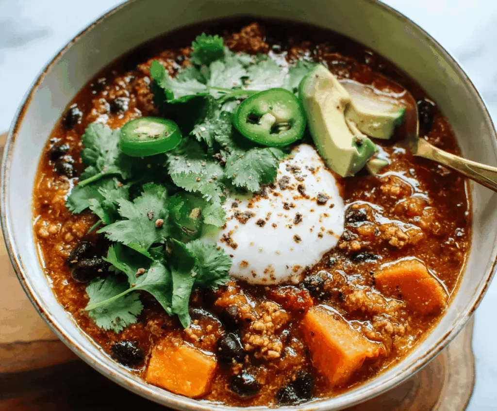 Hearty bowl of Sweet Potato Turkey Chili topped with fresh herbs and diced vegetables, perfect for a warm, healthy meal