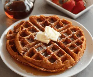 Delicious homemade sweet potato waffles topped with syrup and fresh fruit, served on a white plate for a flavorful breakfast.