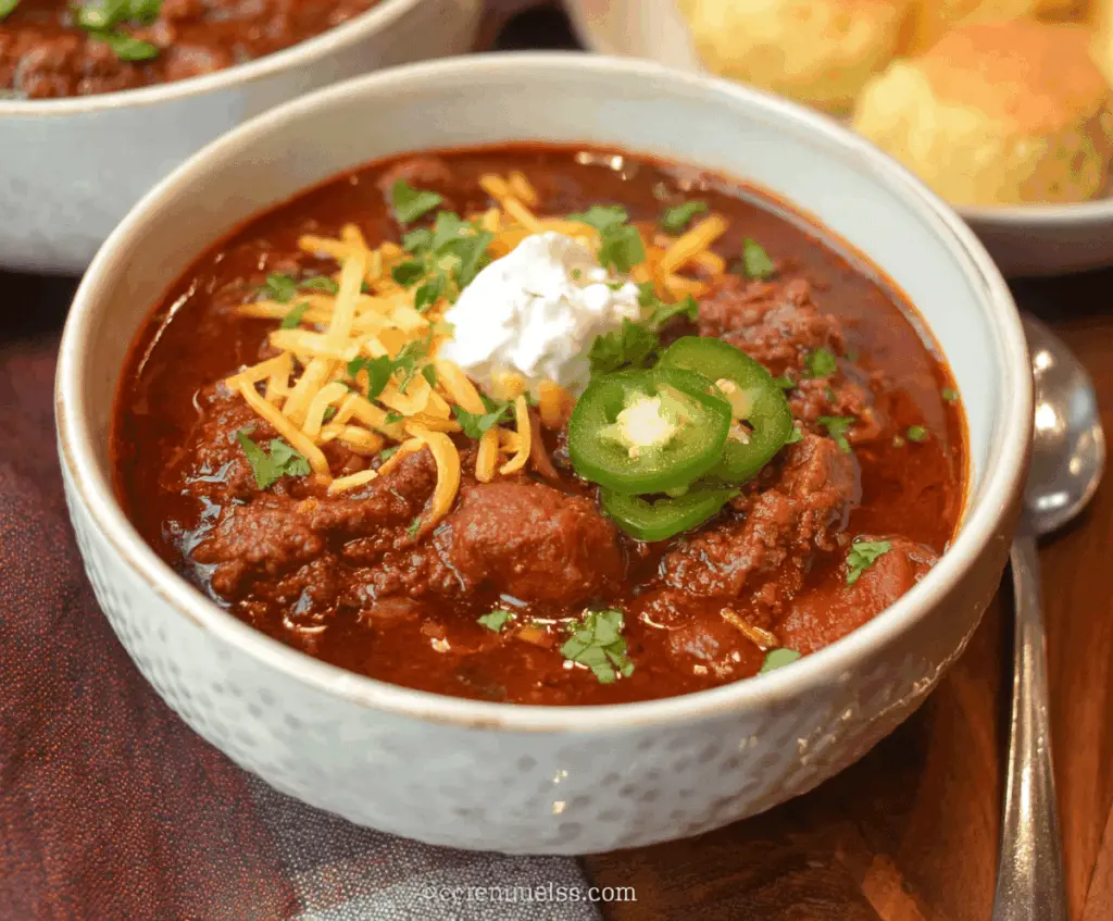 Hearty Texas Chili in a bowl with beef, beans, and spices topped with shredded cheese and fresh herbs