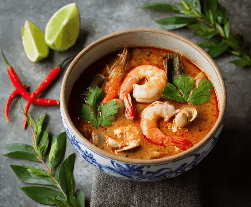 Spicy Thai Tom Yum Soup with shrimp, mushrooms, tomatoes, fresh herbs, and lime in a bowl, served with lime wedges and chili peppers