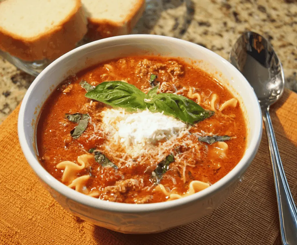 Creamy Tomato Basil Lasagna Soup with melted cheese, fresh basil leaves, and pasta, served in a bowl for a comforting Italian-inspired meal.