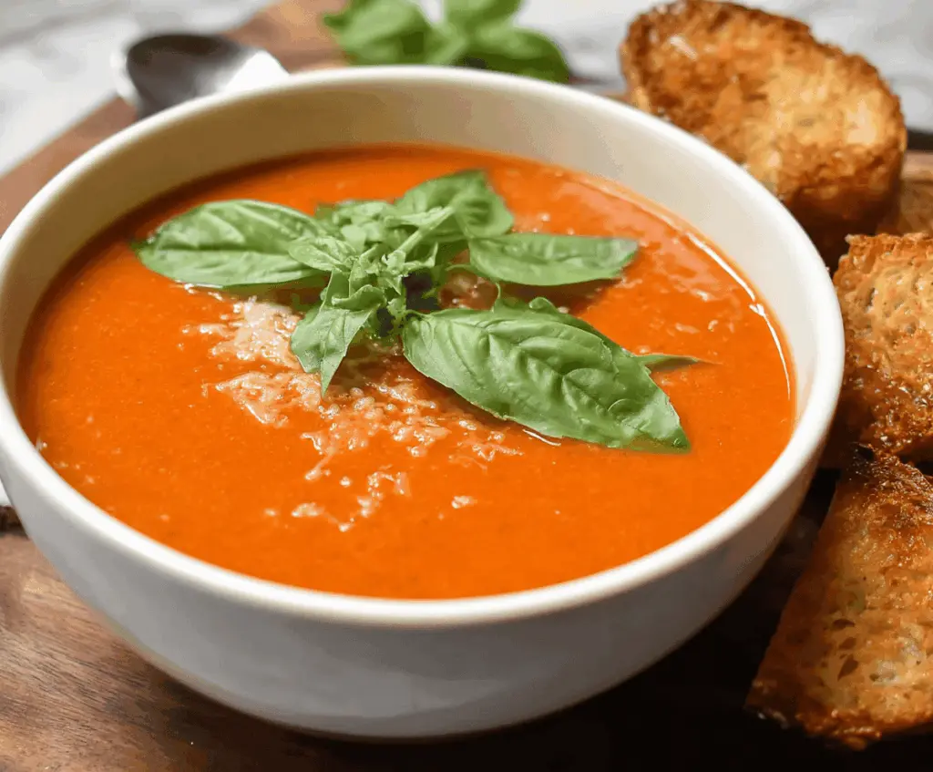 A bowl of hot tomato basil soup garnished with fresh basil leaves, served with crusty bread on a rustic wooden table.