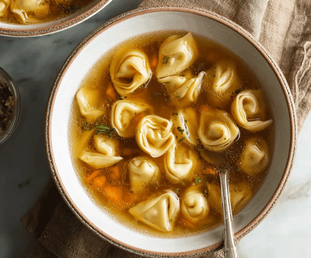 Delicious tortellini en brodo served in a bowl with fresh herbs and grated cheese, perfect for a comforting Italian soup meal.