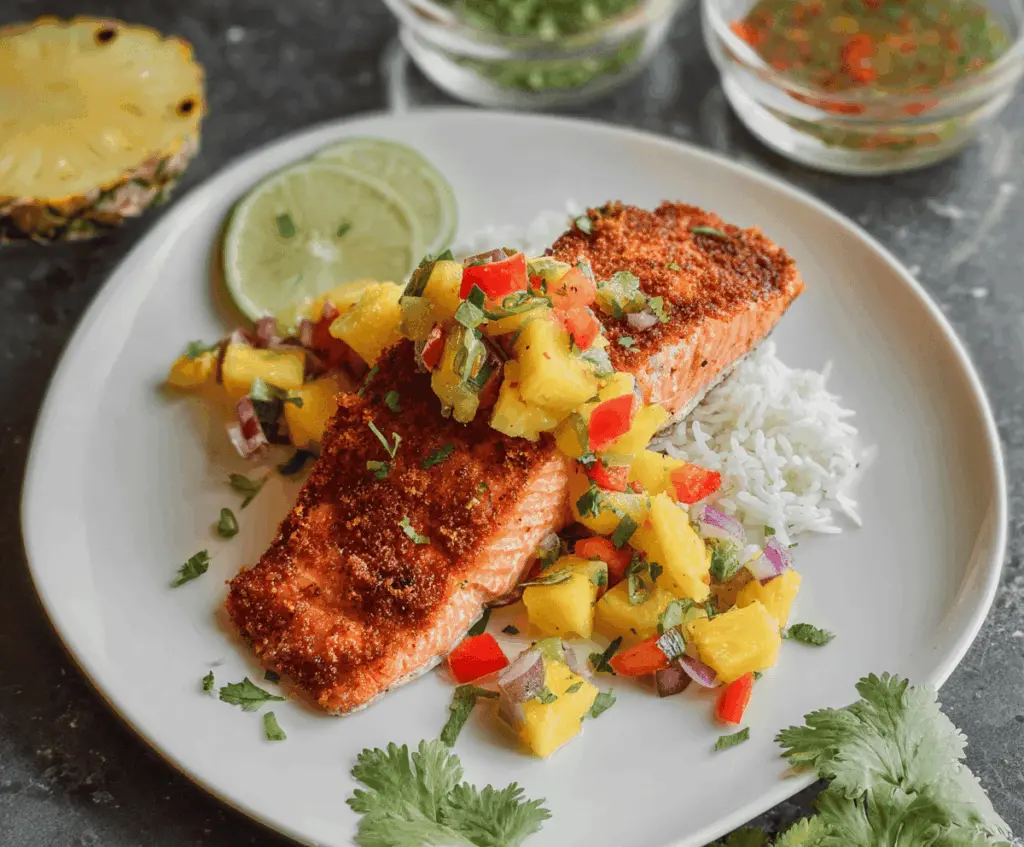 Delicious tropical coconut crusted salmon topped with vibrant pineapple salsa, served on a plate with fresh herbs for a flavorful seafood dish