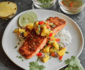 Delicious tropical coconut crusted salmon topped with vibrant pineapple salsa, served on a plate with fresh herbs for a flavorful seafood dish