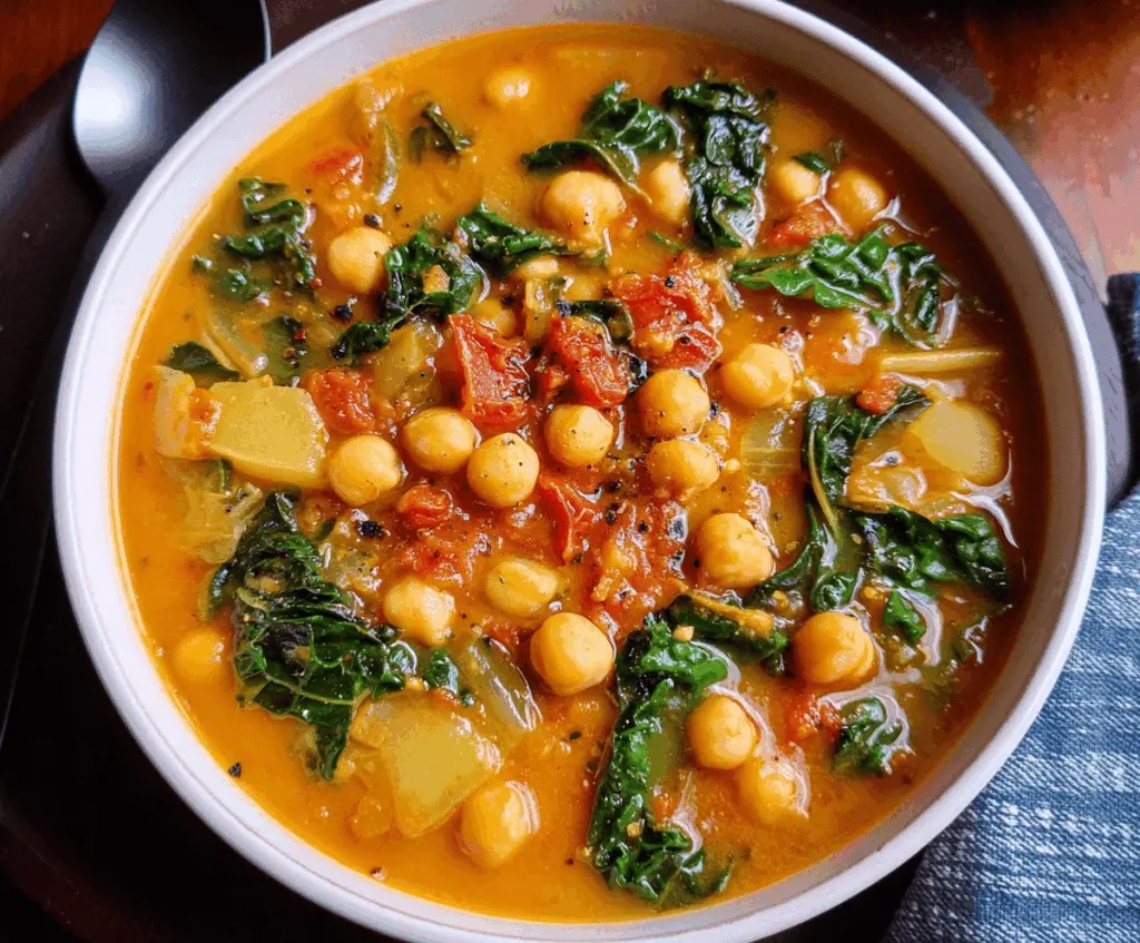 A bowl of hearty Tuscan Chickpea Soup garnished with fresh herbs, featuring tender chickpeas, vegetables, and aromatic spices in a rustic setting.