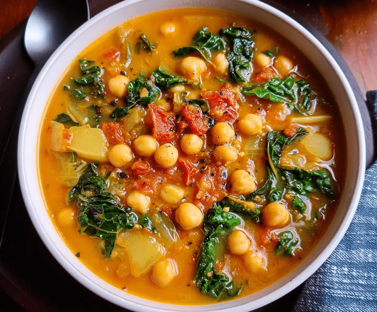 A bowl of hearty Tuscan Chickpea Soup garnished with fresh herbs, featuring tender chickpeas, vegetables, and aromatic spices in a rustic setting.