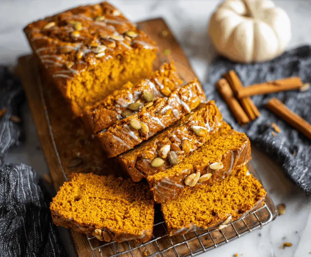 Delicious homemade vegan pumpkin bread sliced and ready to serve, featuring a moist texture and warm autumn flavors