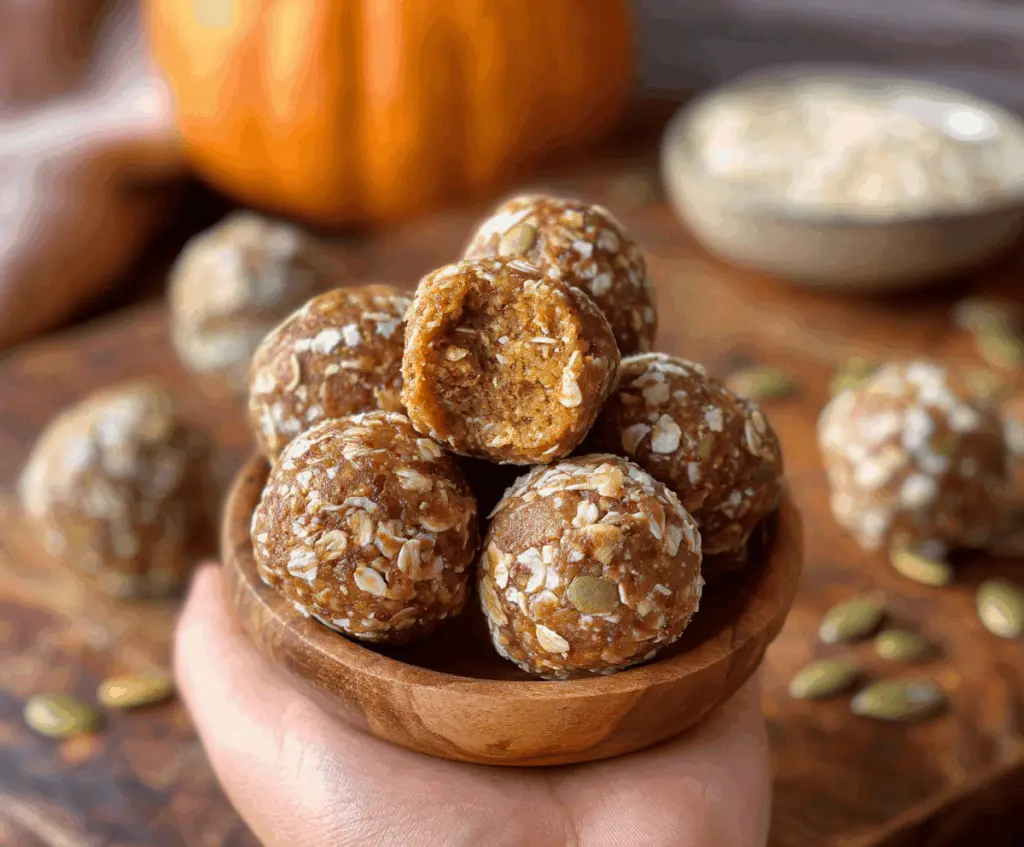 Vegan Pumpkin Protein Balls on a white plate with cinnamon and pumpkin seeds, healthy plant-based snack with autumn flavors