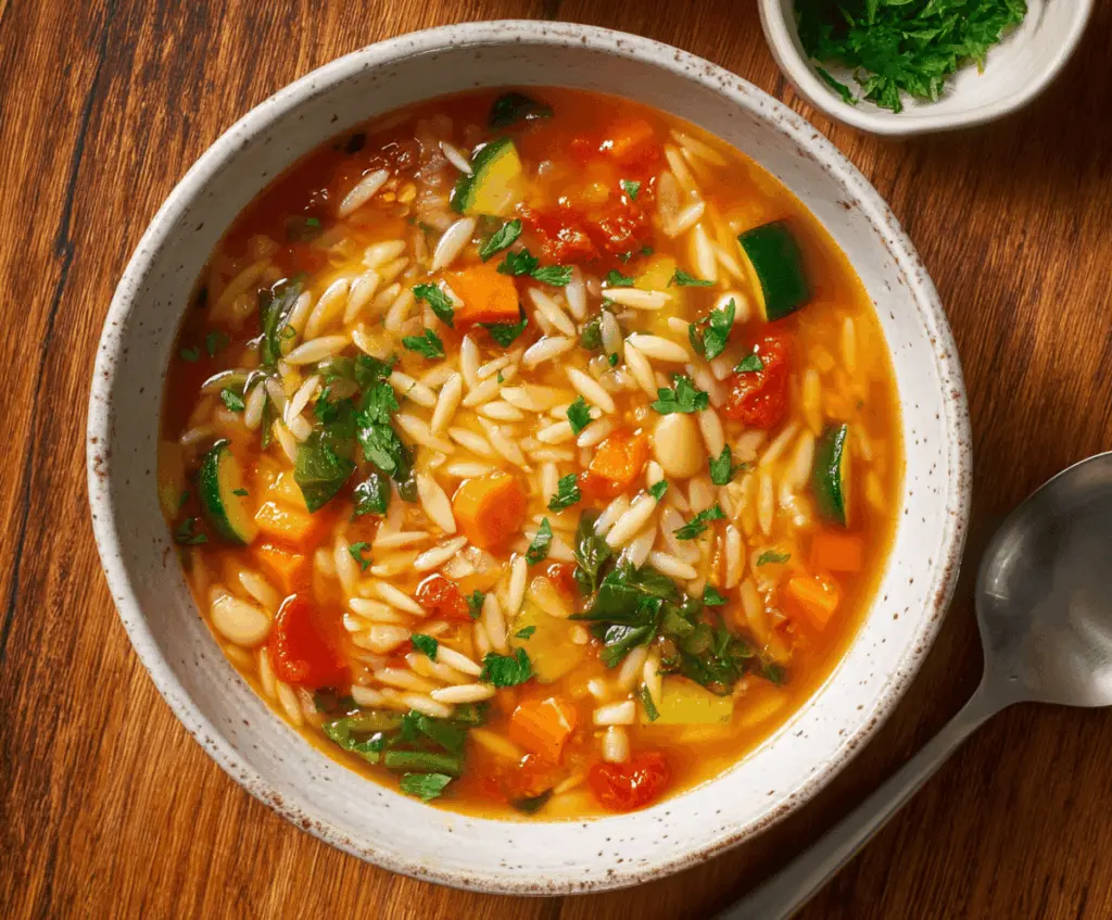 Hearty vegetable orzo soup in a bowl with fresh herbs and colorful vegetables, perfect for a healthy meal