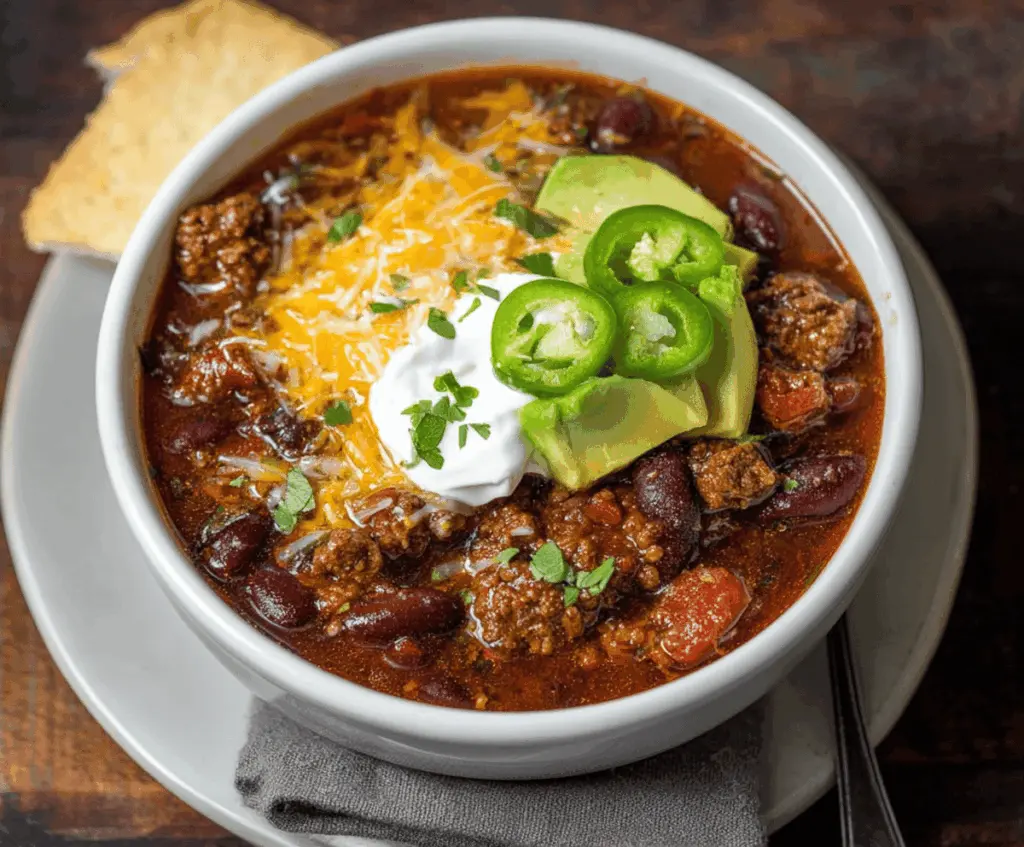 Hearty venison chili served in a bowl with diced tomatoes and fresh herbs, perfect for a warming meal.