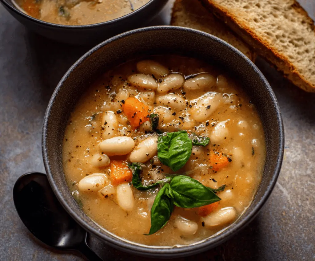 Creamy white bean soup served in a bowl garnished with fresh herbs and a drizzle of olive oil on a rustic wooden table.