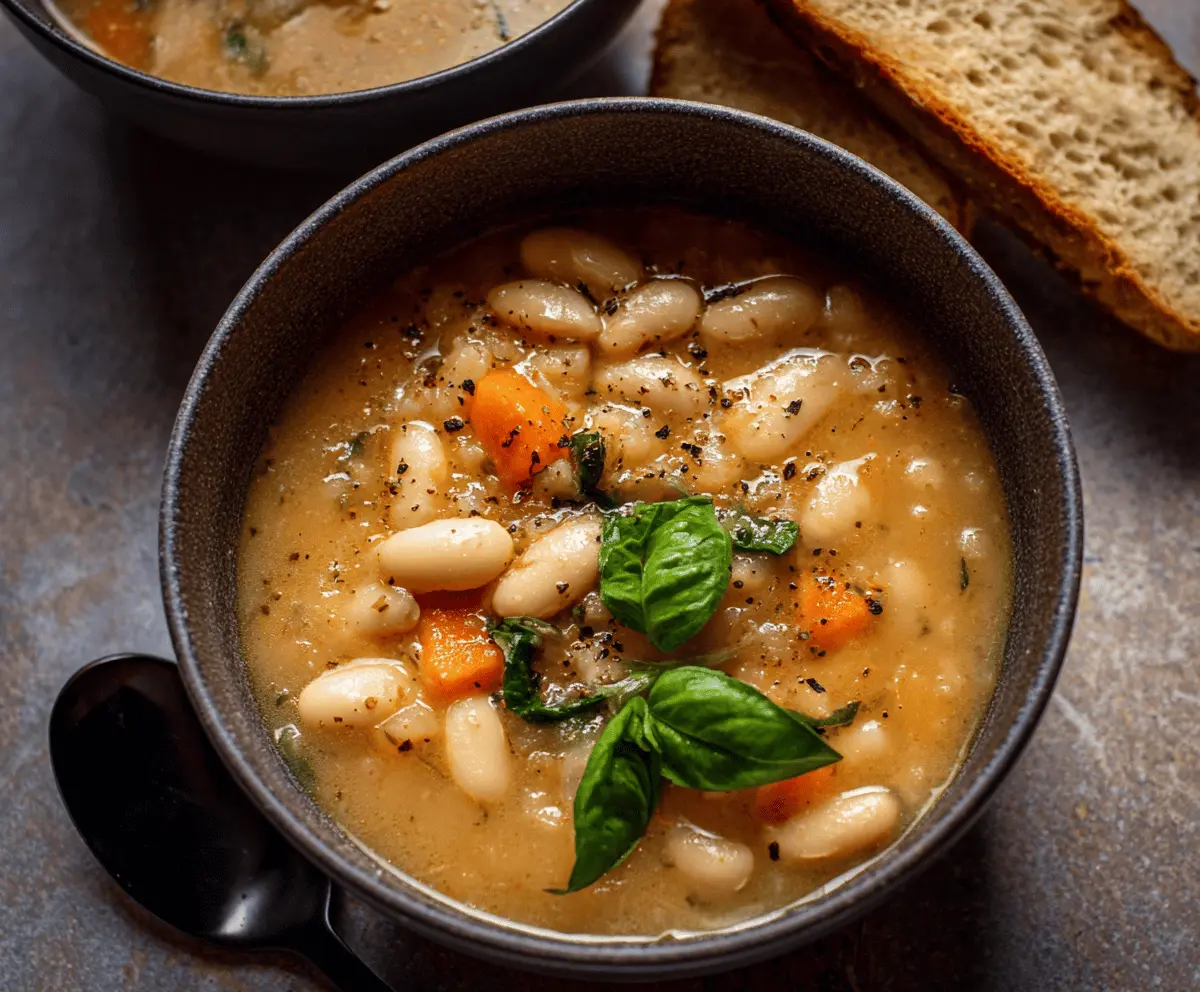 Creamy white bean soup served in a bowl garnished with fresh herbs and a drizzle of olive oil on a rustic wooden table.