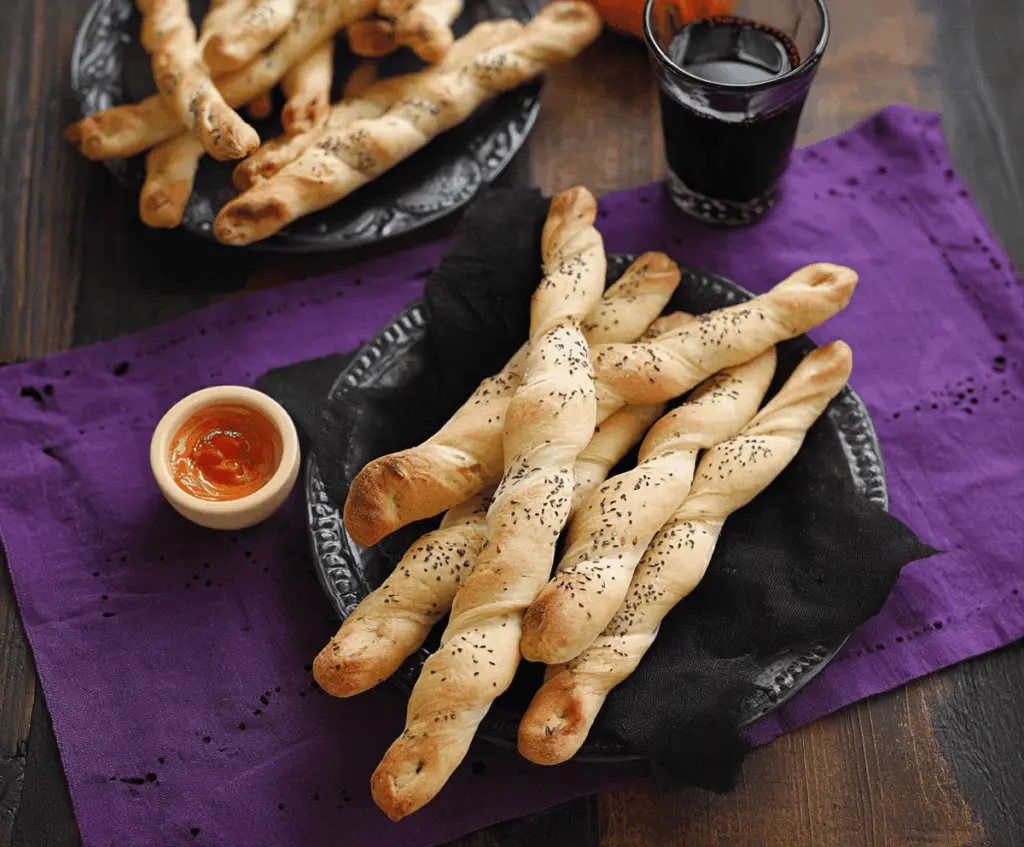 Crispy Witch Finger Breadsticks topped with almond fingernails and red pepper fingernails, perfect for Halloween treats