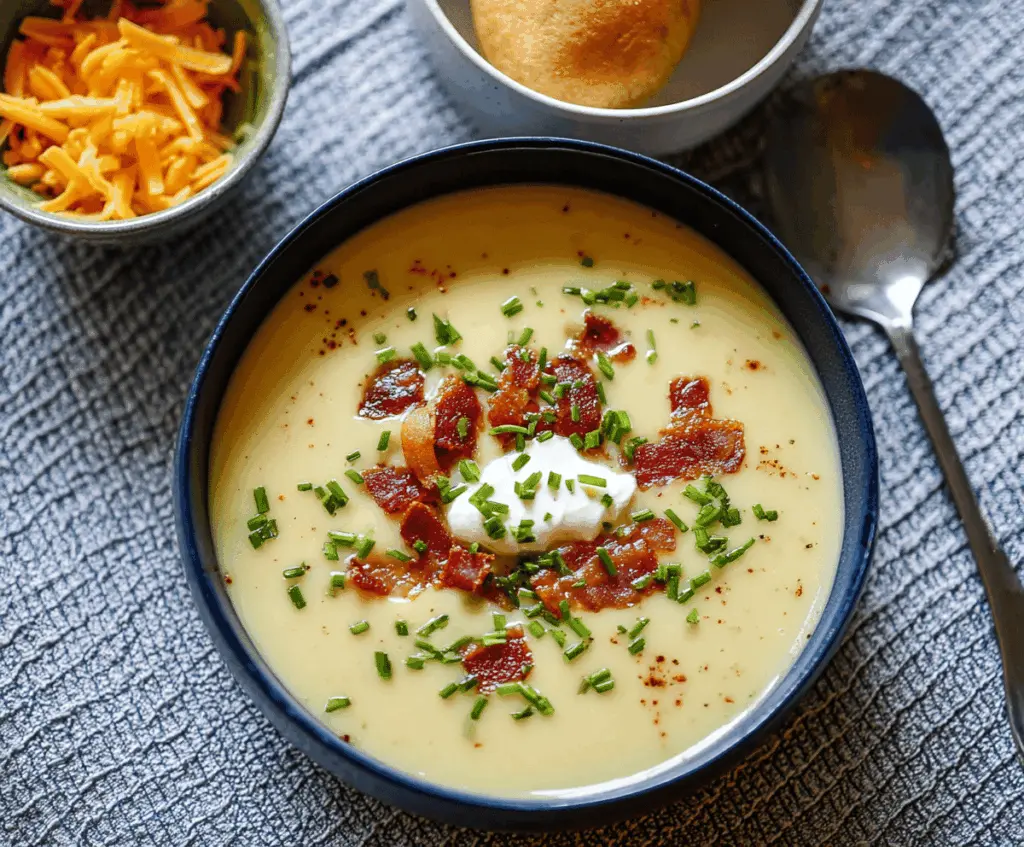 Creamy Yukon Gold Potato Soup topped with fresh herbs and served in a rustic bowl, perfect for a comforting meal.