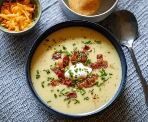 Creamy Yukon Gold Potato Soup topped with fresh herbs and served in a rustic bowl, perfect for a comforting meal.