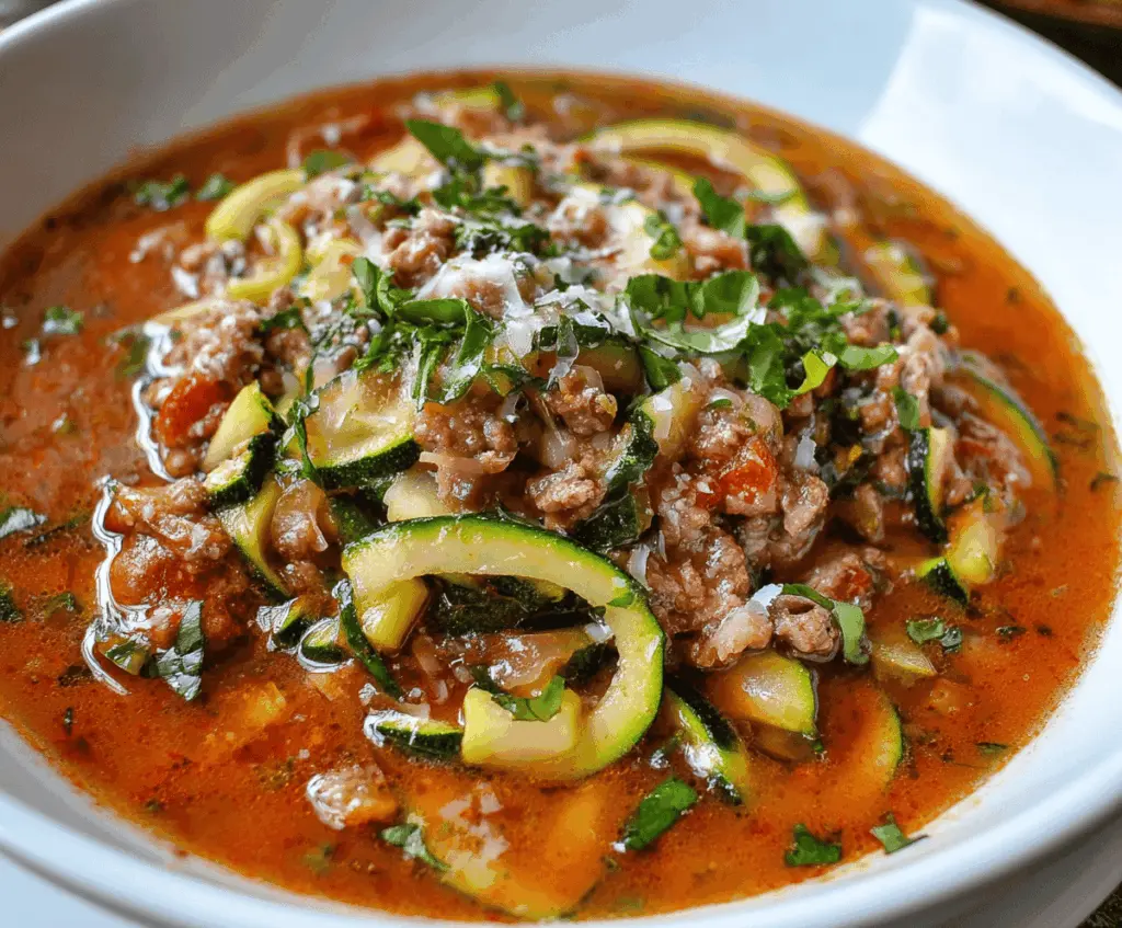 Delicious zucchini lasagna soup garnished with fresh basil and melted cheese in a rustic bowl, perfect for a comforting meal.