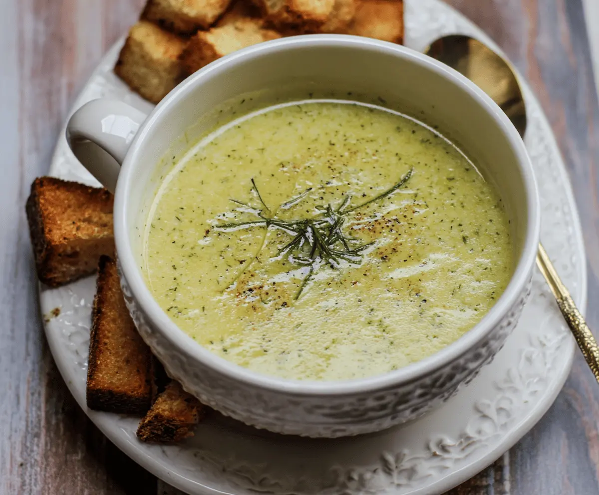 Creamy zucchini soup garnished with fresh herbs and a dollop of sour cream, served in a bowl for a healthy, delicious meal.