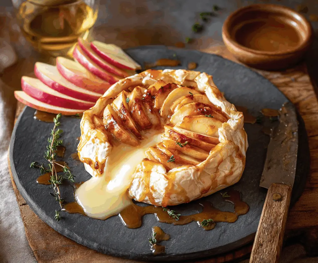 Delicious apple and Brie cheese appetizer on a wooden platter, perfect for entertaining.