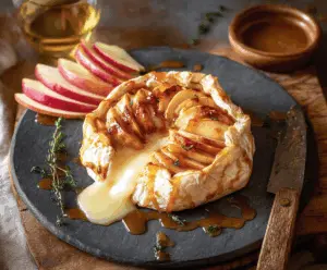 Delicious apple and Brie cheese appetizer on a wooden platter, perfect for entertaining.