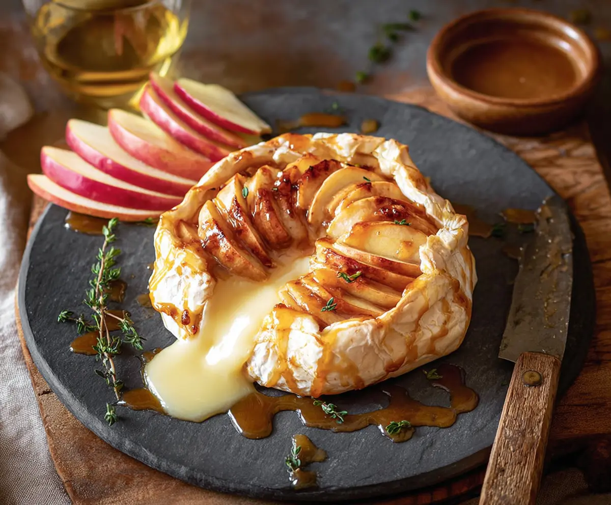 Delicious apple and Brie cheese appetizer on a wooden platter, perfect for entertaining.