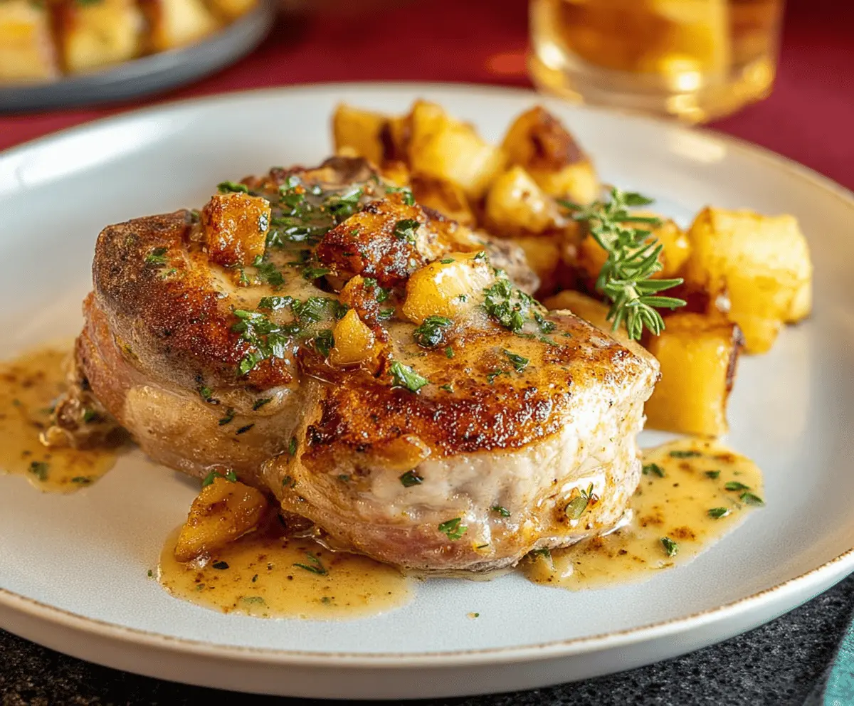 Juicy apple-stuffed pork chops served with a side of vegetables on a white plate.