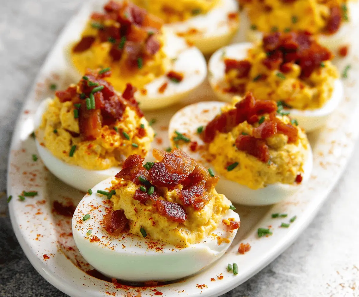 Delicious bacon deviled eggs with creamy filling and crispy bacon topping, perfect for appetizer or snack.