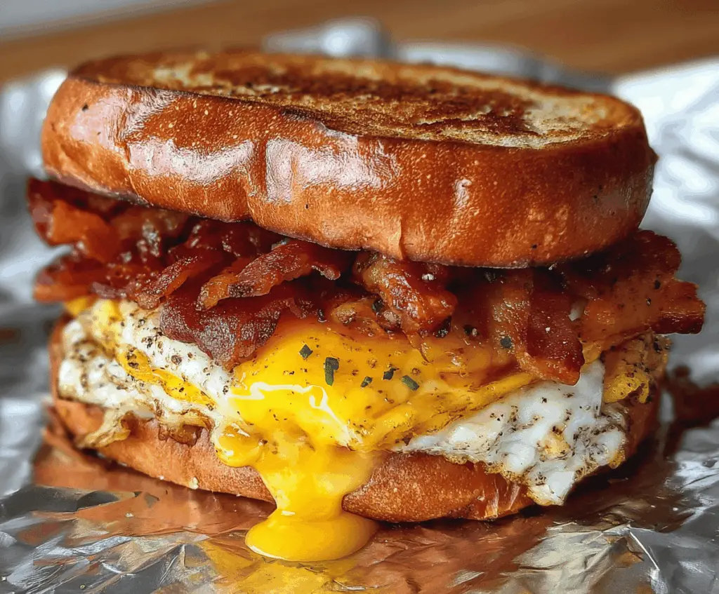 Delicious bacon and egg breakfast sandwich on toasted bread, perfect for a hearty morning meal