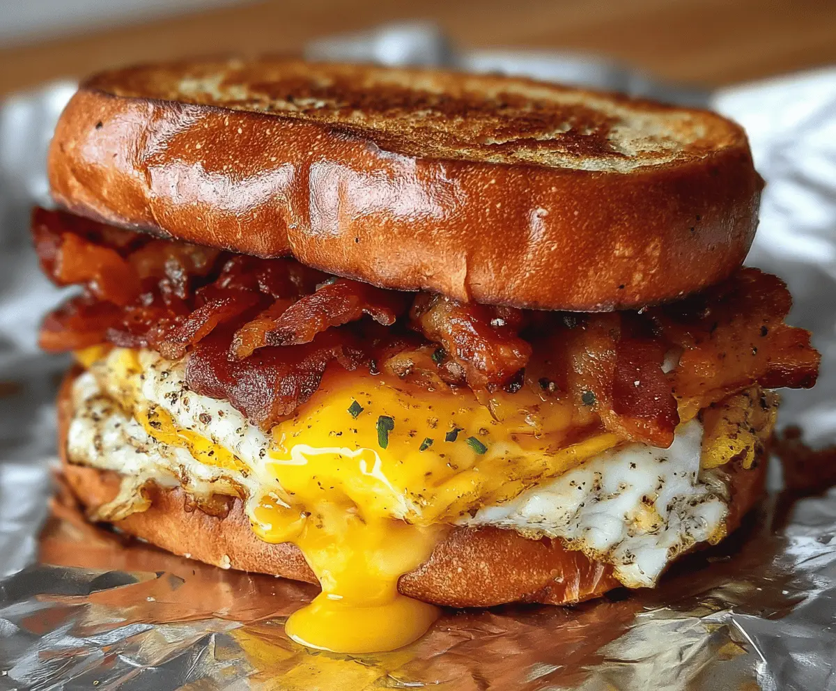 Delicious bacon and egg breakfast sandwich on toasted bread, perfect for a hearty morning meal