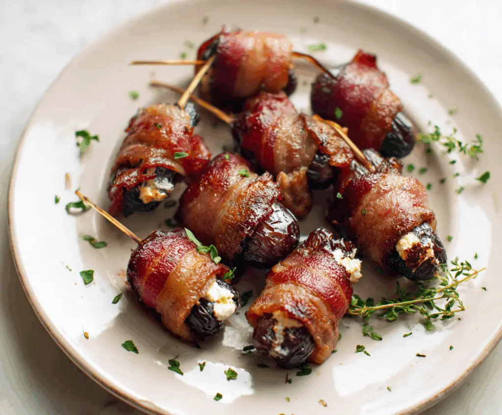 Delicious bacon-wrapped dates stuffed with creamy goat cheese, perfect for appetizers.