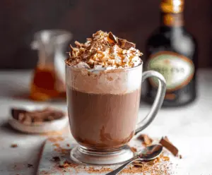 Creamy Baileys Hot Chocolate topped with whipped cream and chocolate shavings