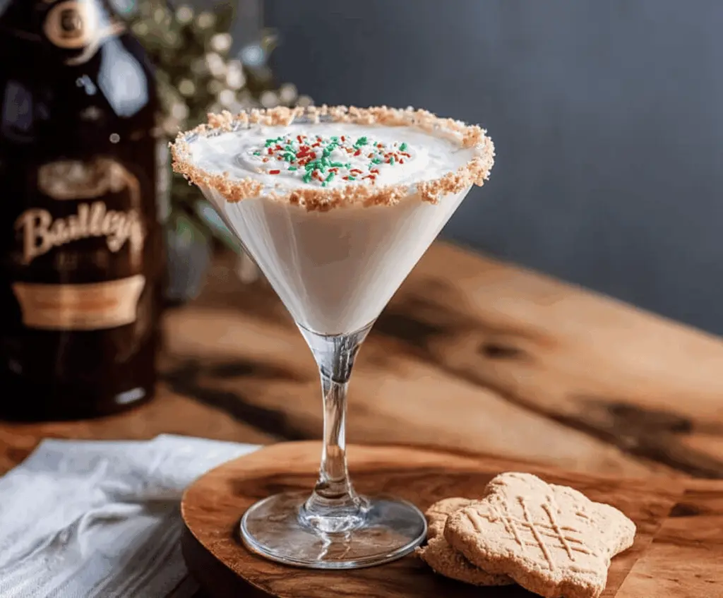 Delicious Baileys Sugar Cookie Martini served in a cocktail glass garnished with sugar rim.
