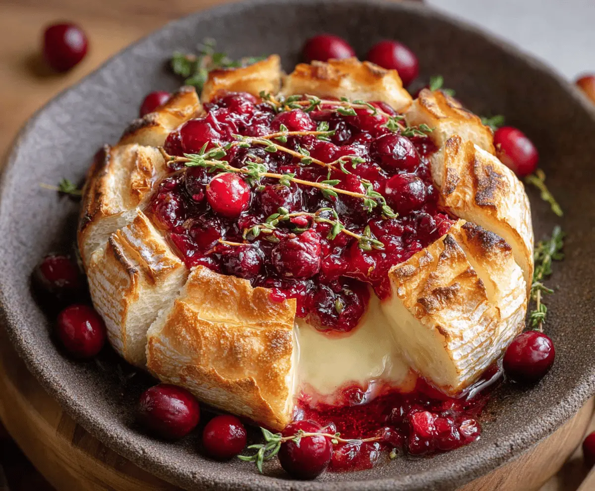 Delicious baked Brie cheese topped with fresh cranberries and herbs, perfect as an appetizer.