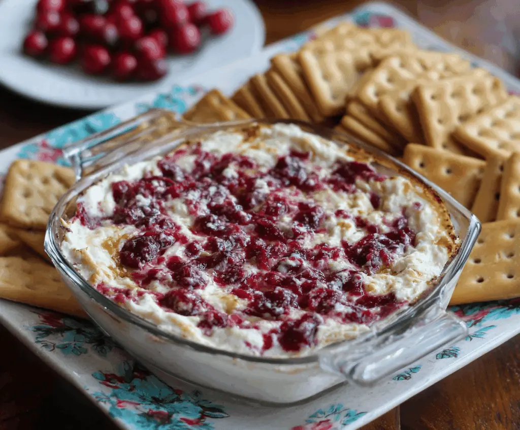 Delicious baked cranberry cream cheese dip garnished with fresh cranberries and herbs.