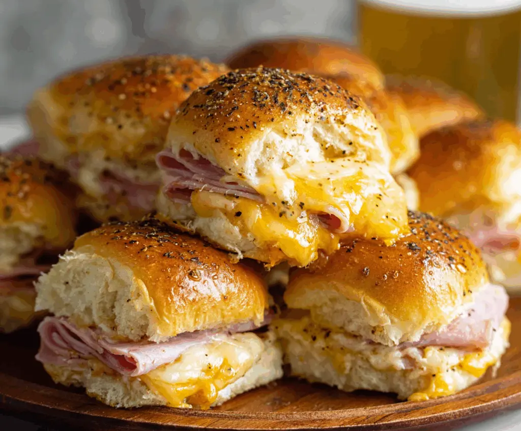 Delicious baked ham and cheese sliders served warm, perfect for a savory appetizer or lunch