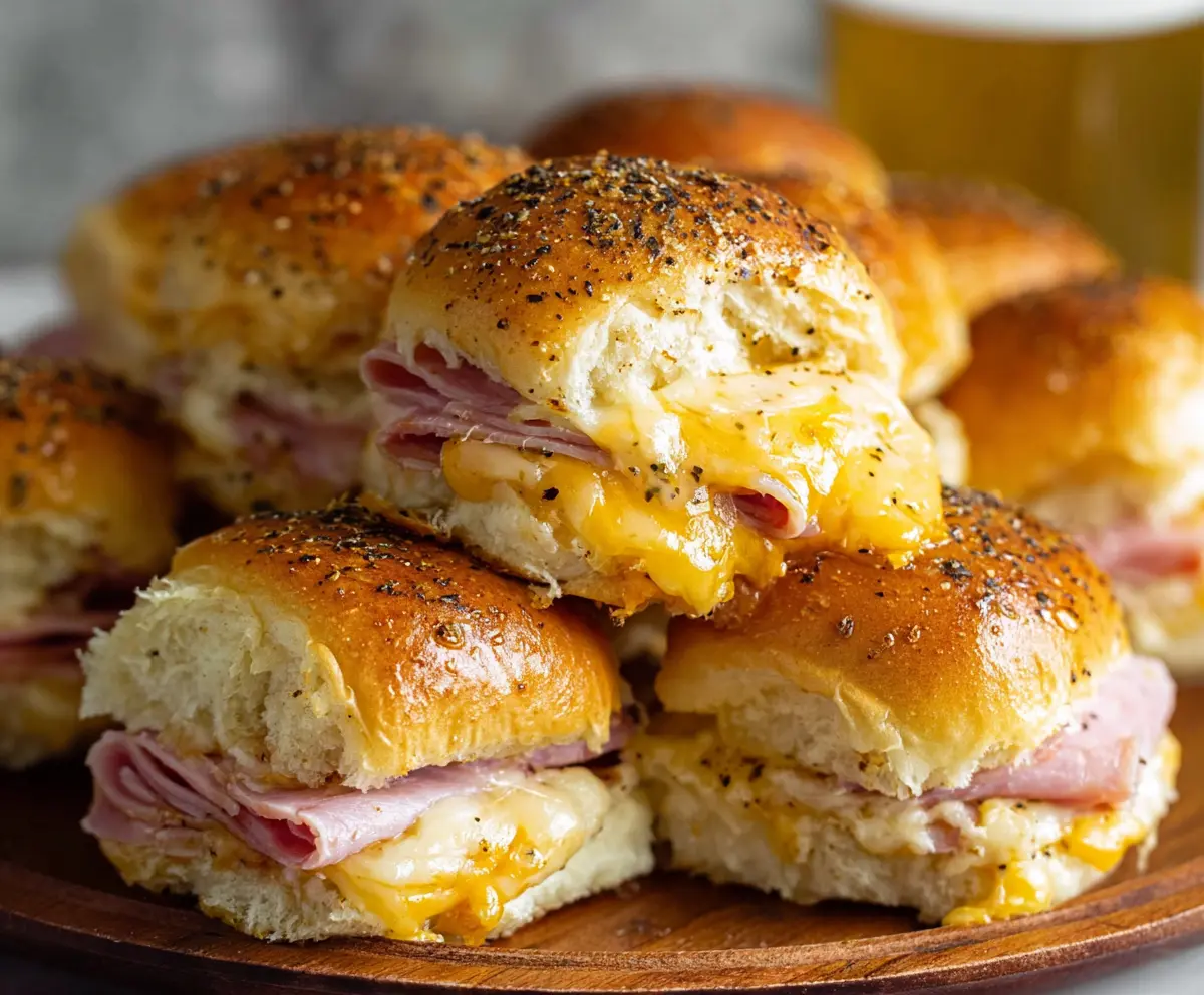 Delicious baked ham and cheese sliders served warm, perfect for a savory appetizer or lunch
