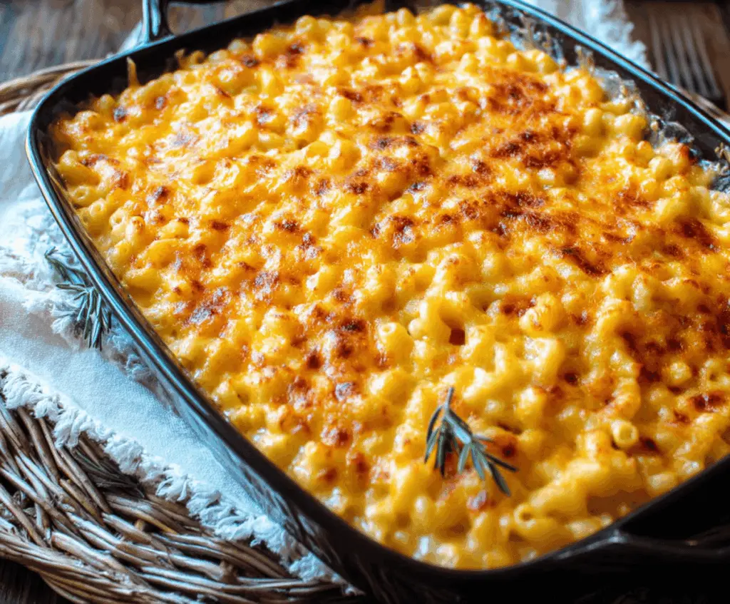 Delicious baked mac and cheese with golden crispy top served in a white dish.