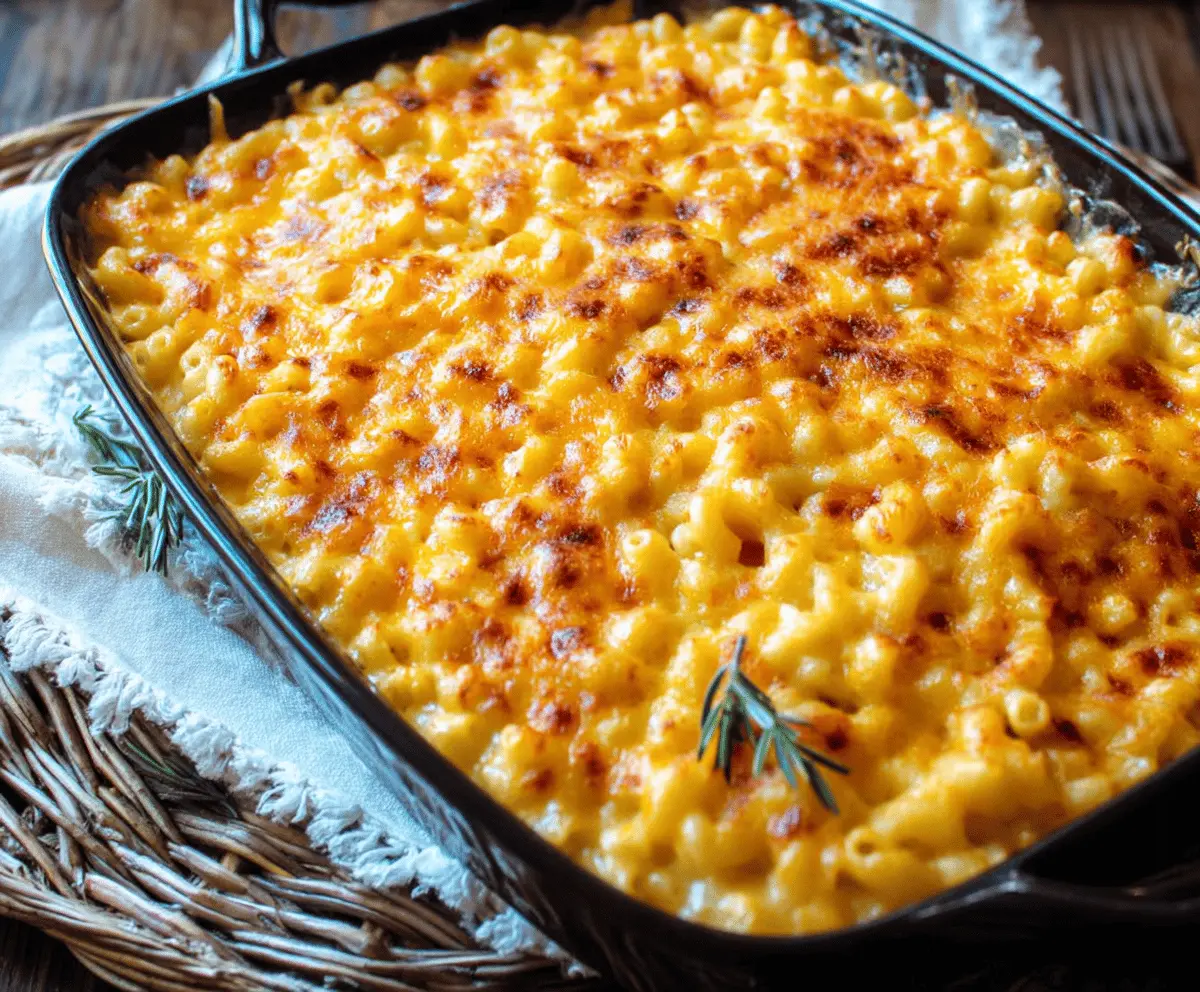 Delicious baked mac and cheese with golden crispy top served in a white dish.