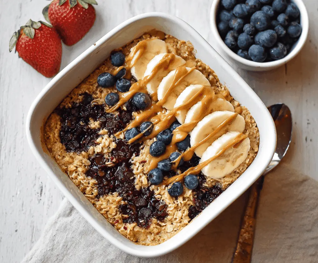 Healthy baked protein oatmeal in a bowl with fresh fruits and nuts