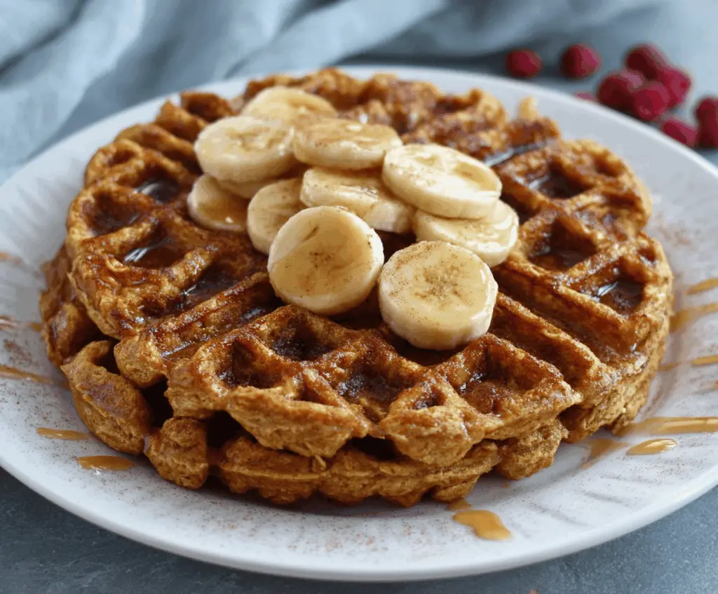 Delicious Banana Oatmeal Waffles topped with fresh bananas and syrup.