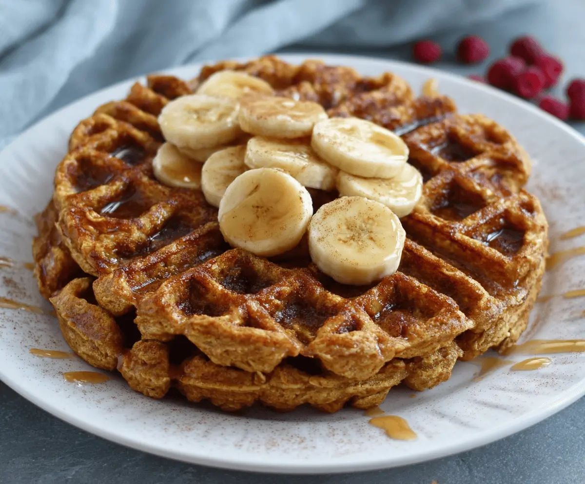 Delicious Banana Oatmeal Waffles topped with fresh bananas and syrup.