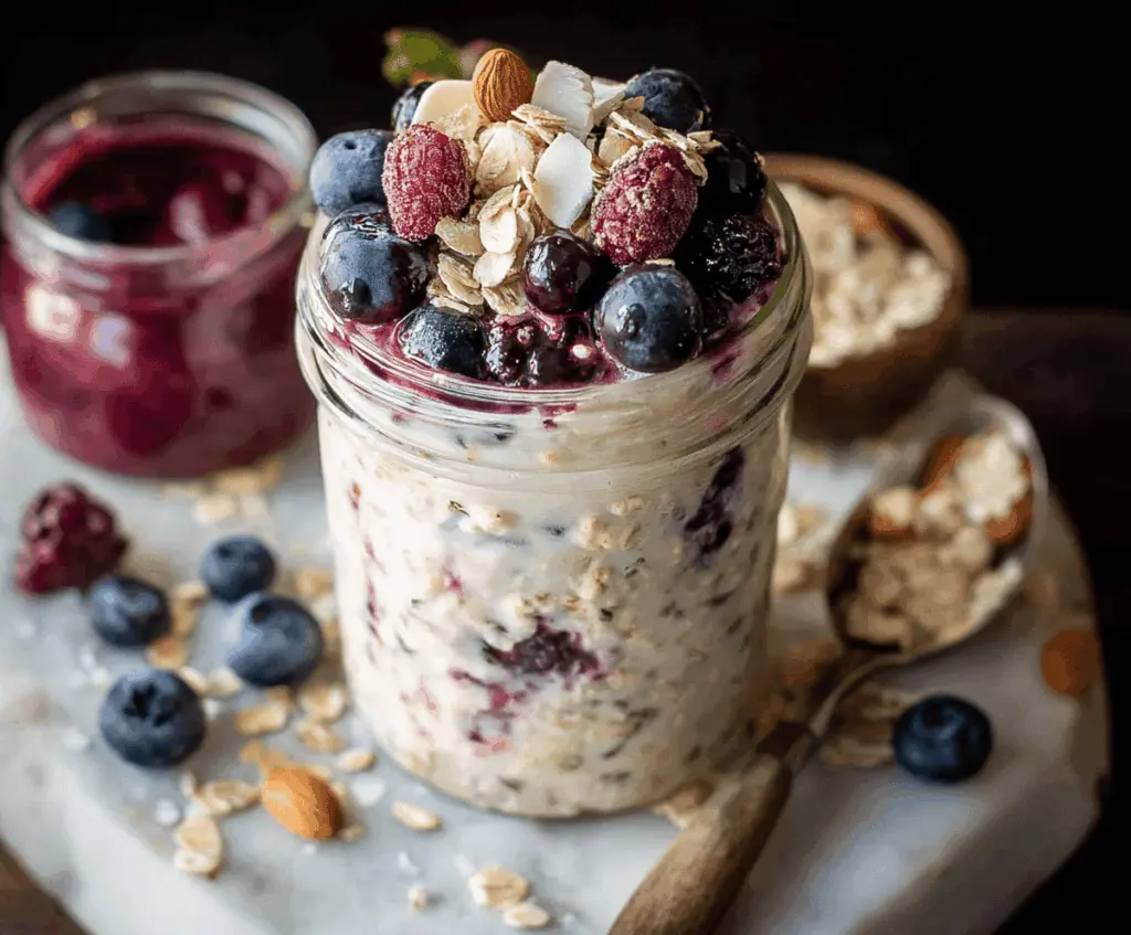Delicious Berry Overnight Oats in a glass jar with fresh berries and chia seeds