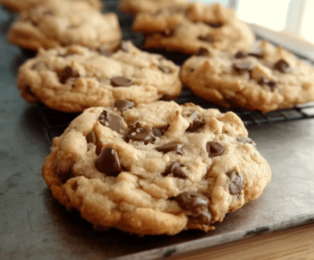 Delicious homemade Bill's chocolate chip cookies fresh out of the oven with gooey chocolate chips.