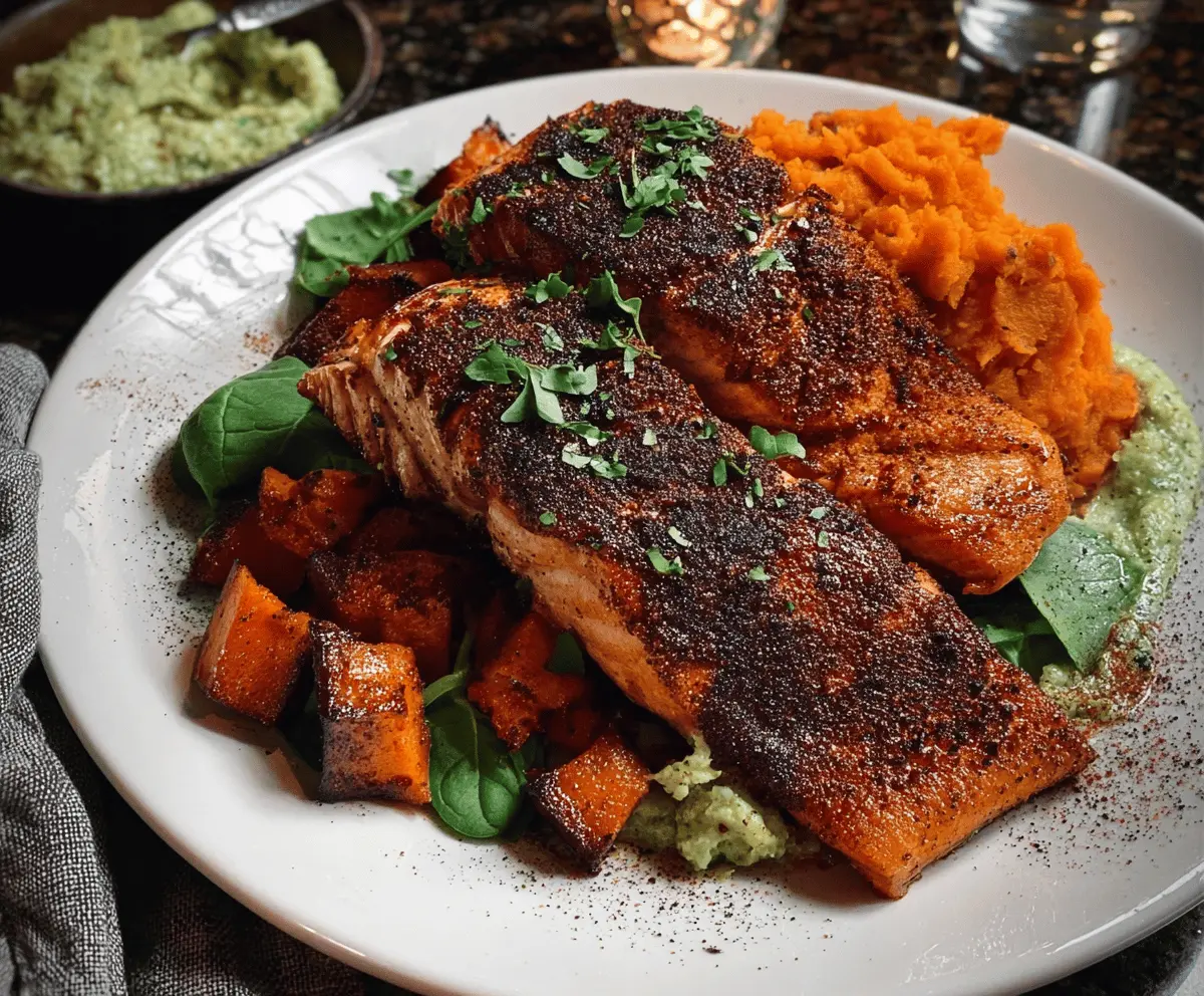 Delicious blackened salmon served with roasted sweet potatoes on a white plate.